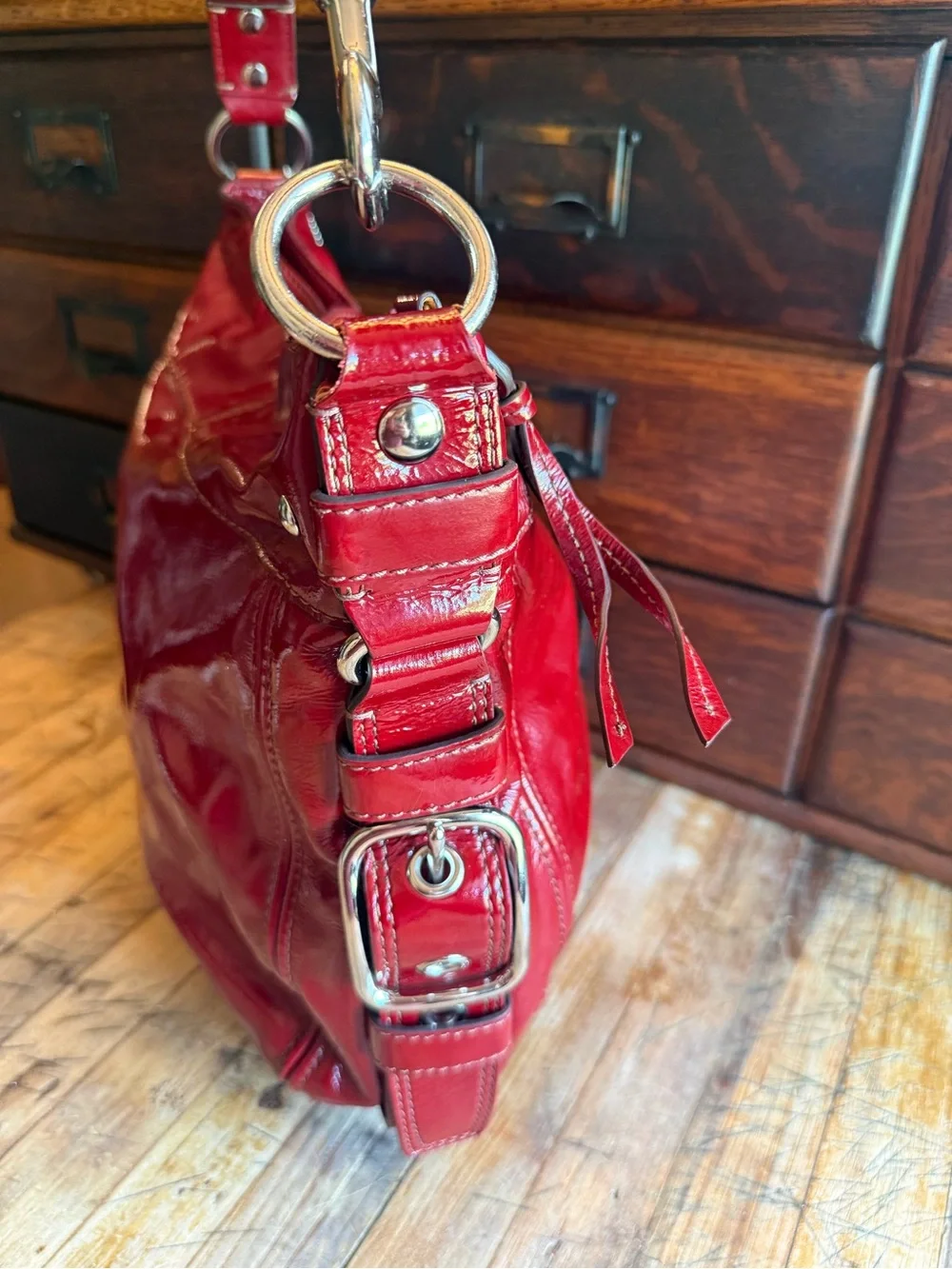 Coach Red Patent Leather Shoulder Bag with Silver Hardware